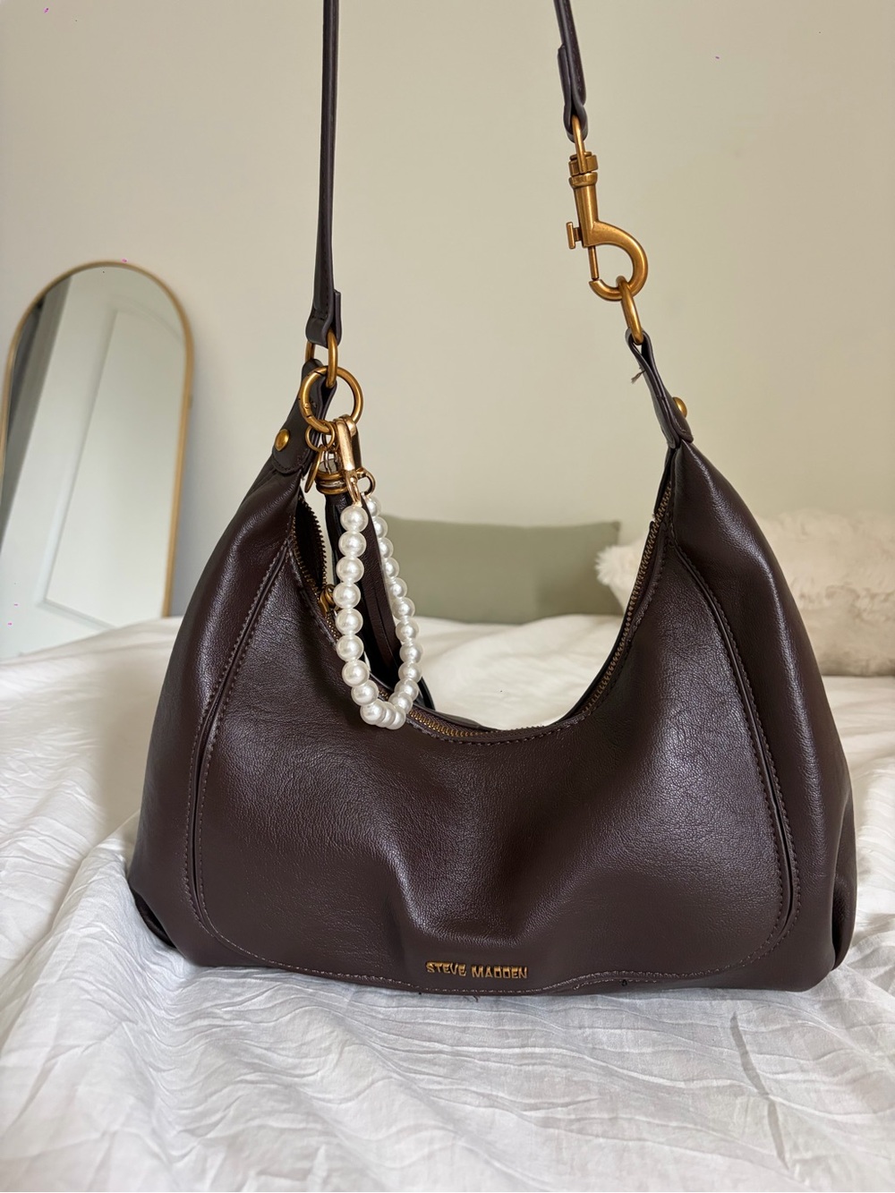 Steve Madden Dark Brown Leather Shoulder Bag with Pearl Charm - Picture 2 of 3